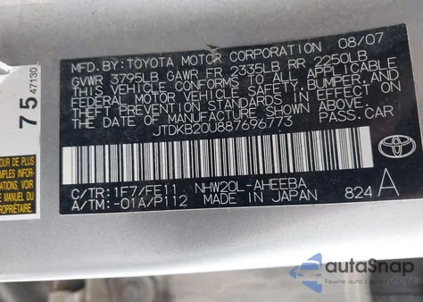 2008 Toyota Prius Standard from USA, damaged, VIN JTDKB20U887696773